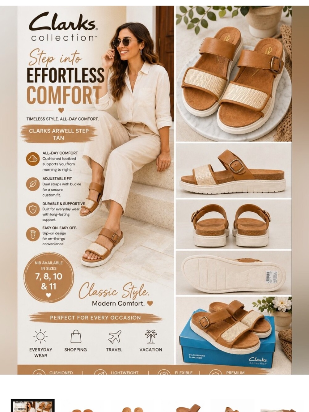 Clarks Tan and Cream Arwell Step Slide Sandals